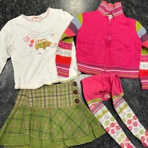 Catimini Set - Beautiful Sweater, LS Tshirt, Skirt and Tights - Girls size 5A/6A